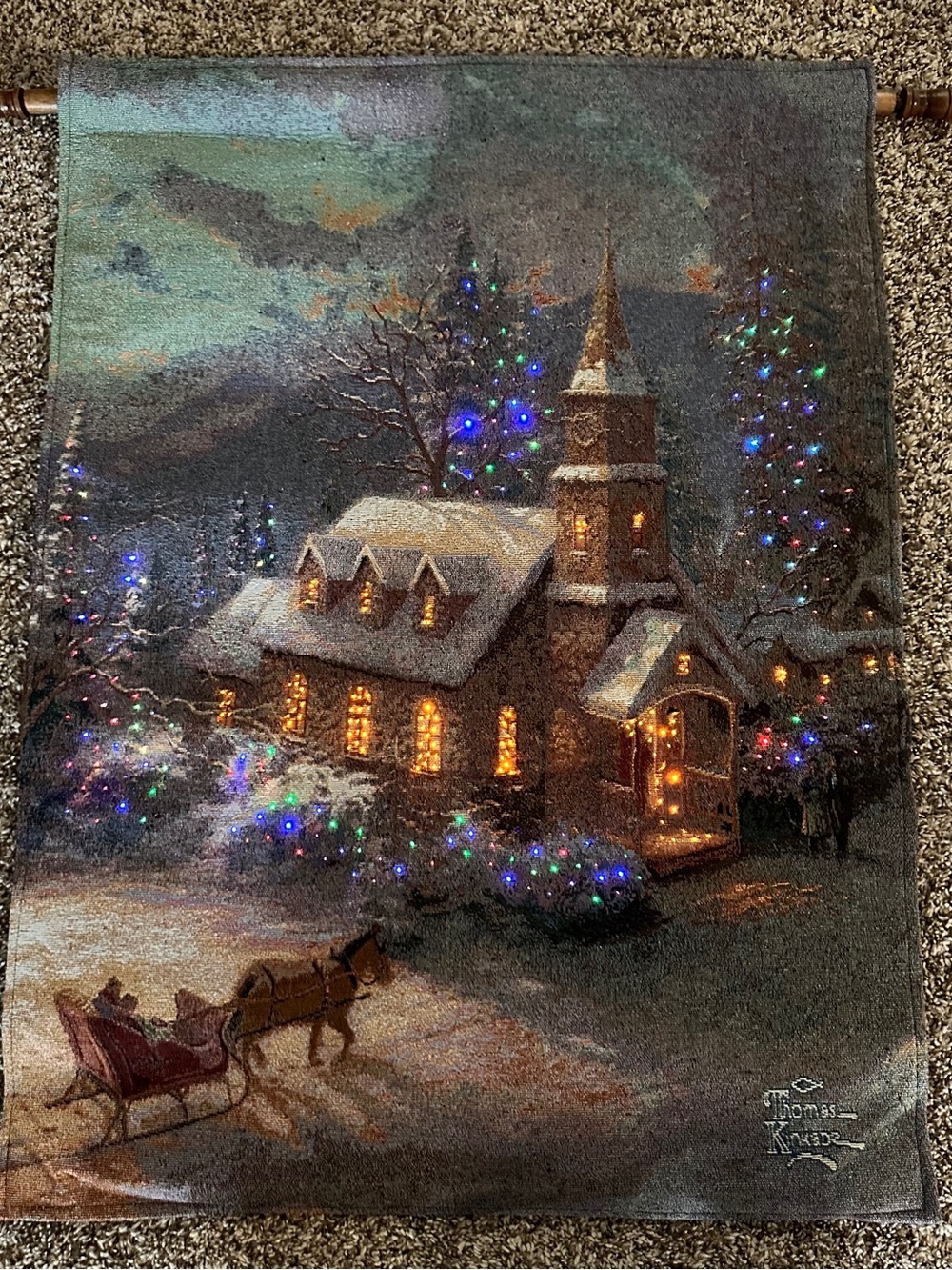 Thomas Kinkade Christmas Tapestry Light Up Hanging Sunday Evening Sleigh Ride